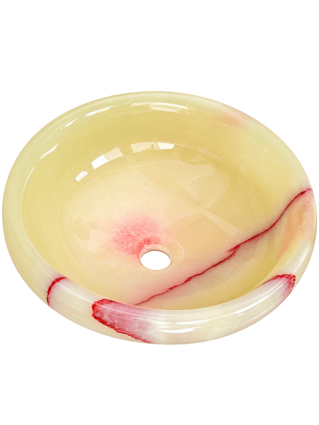 Pale onyx oval vessel sink with a natural red vein accent