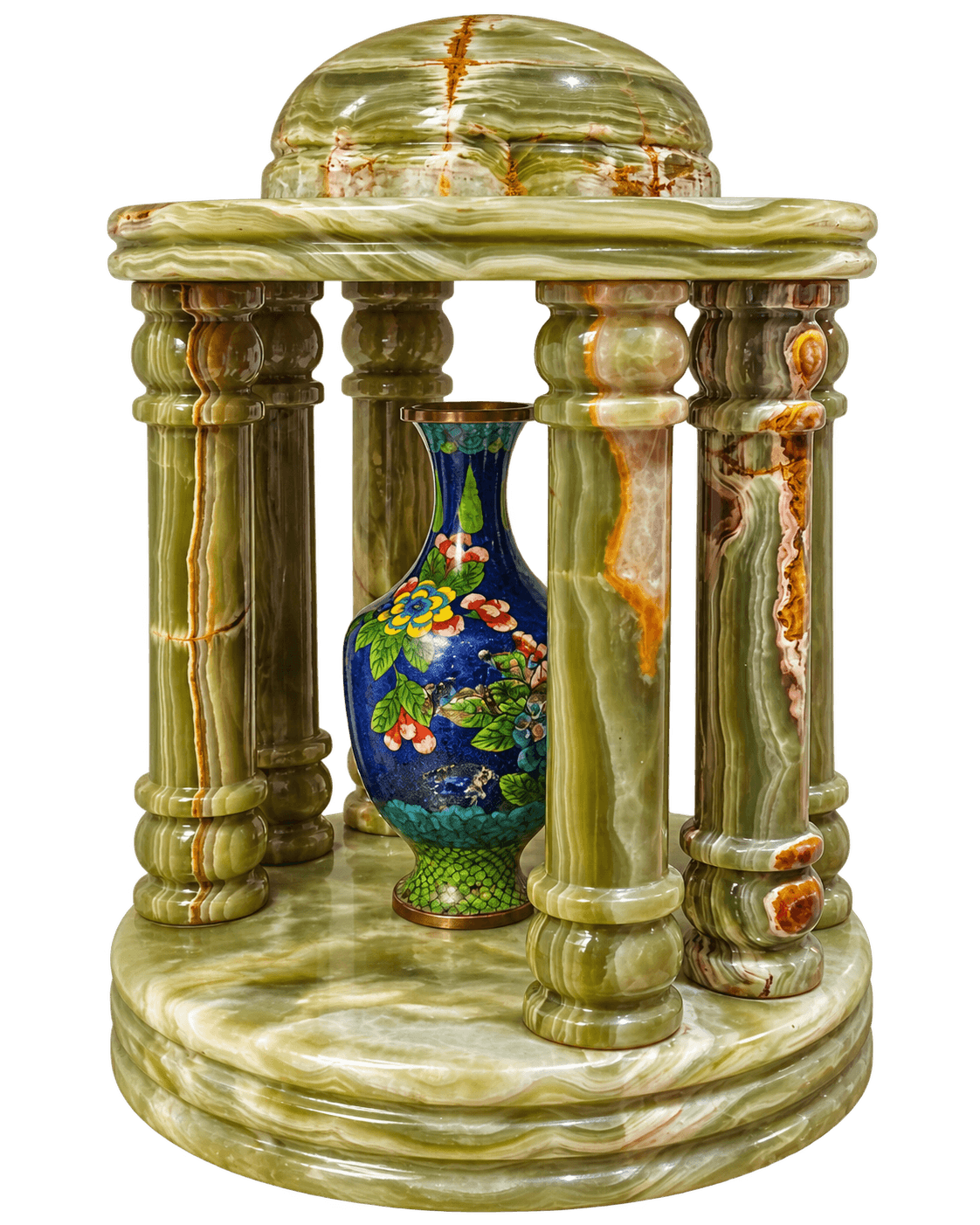 Carved green onyx gazebo sculpture with an inset cloisonne vase, alternate angle