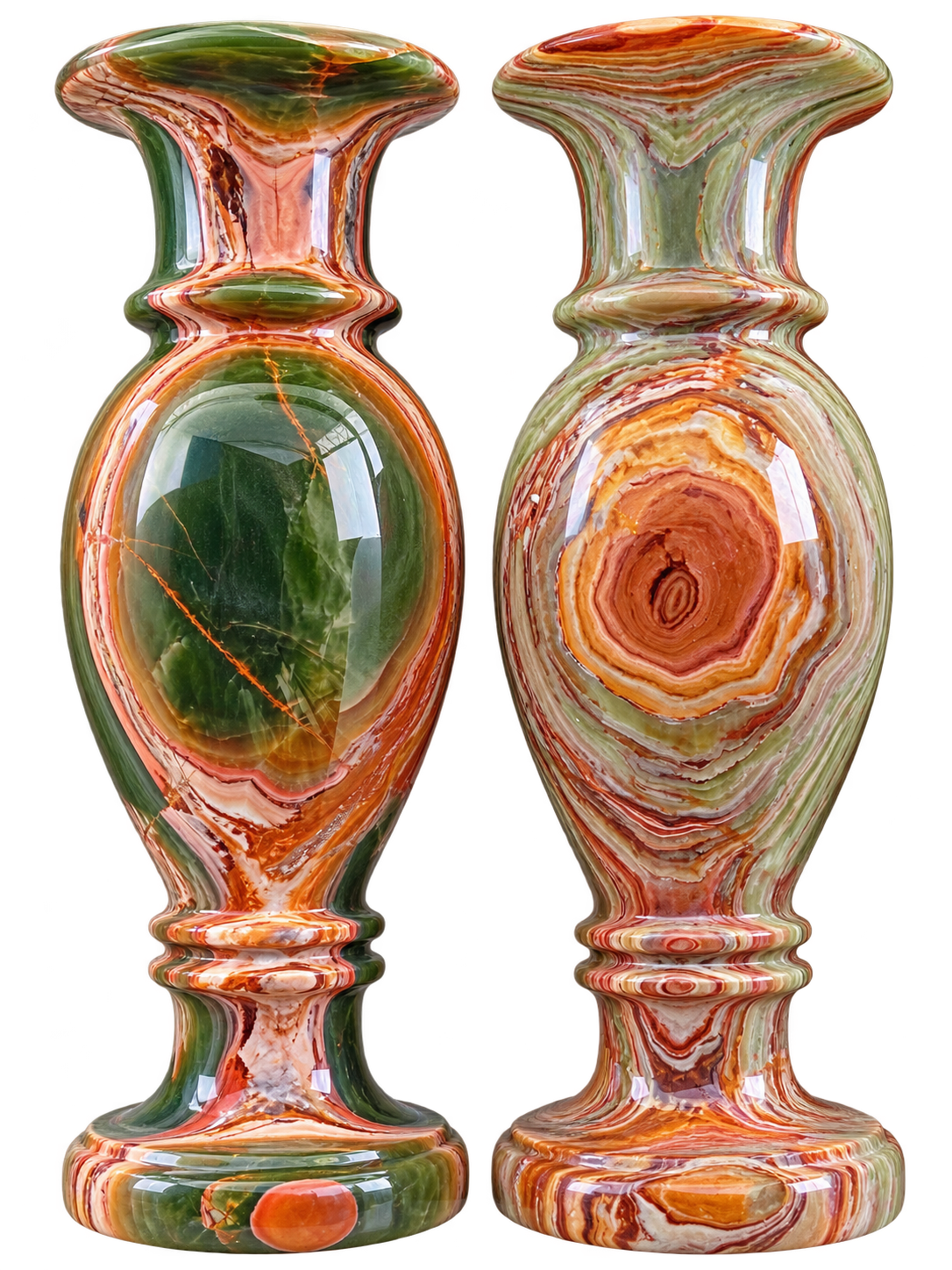 Pair of tall green and orange onyx vases shown front and back