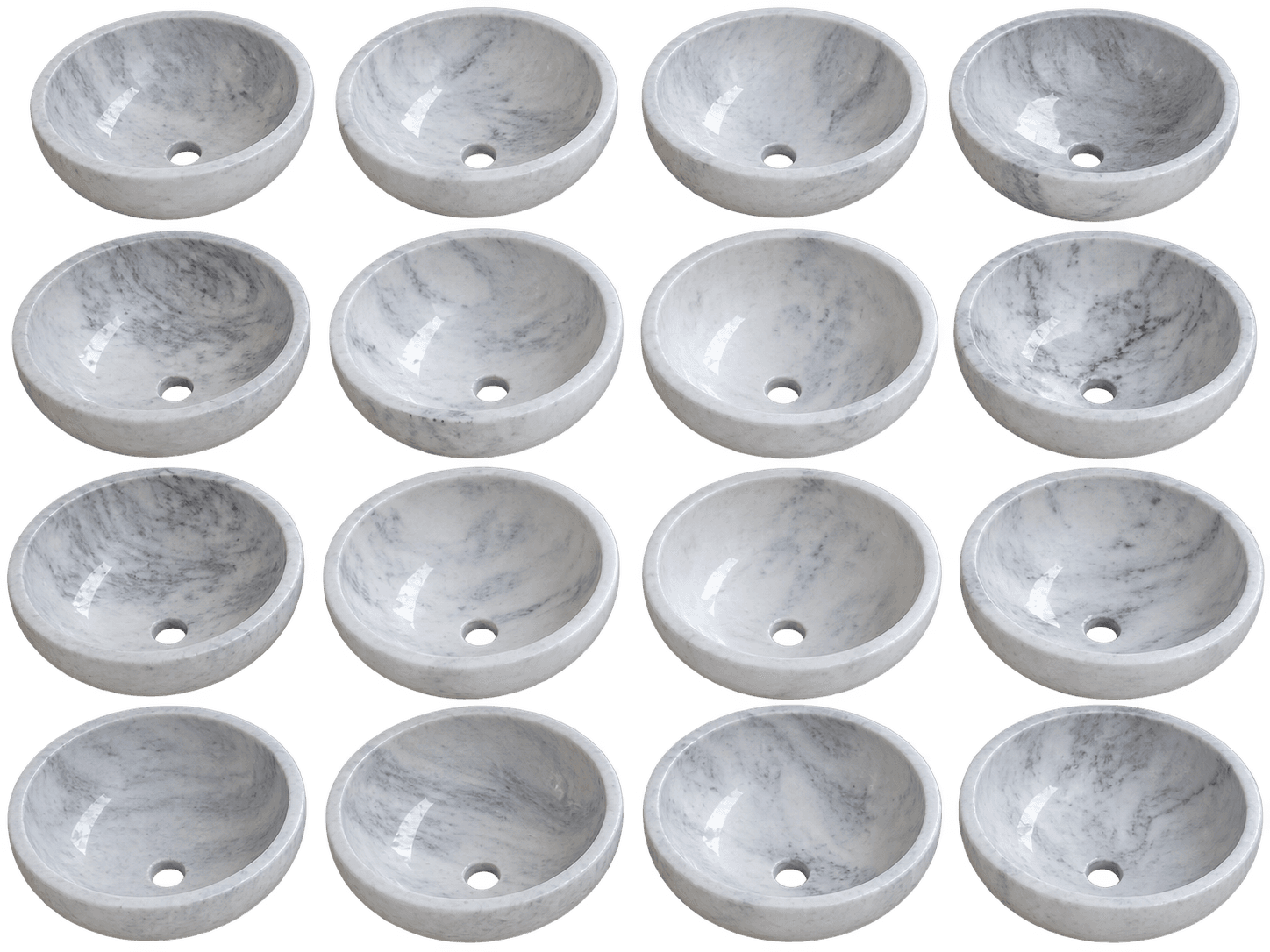 Catalog grid of sixteen white marble vessel sinks