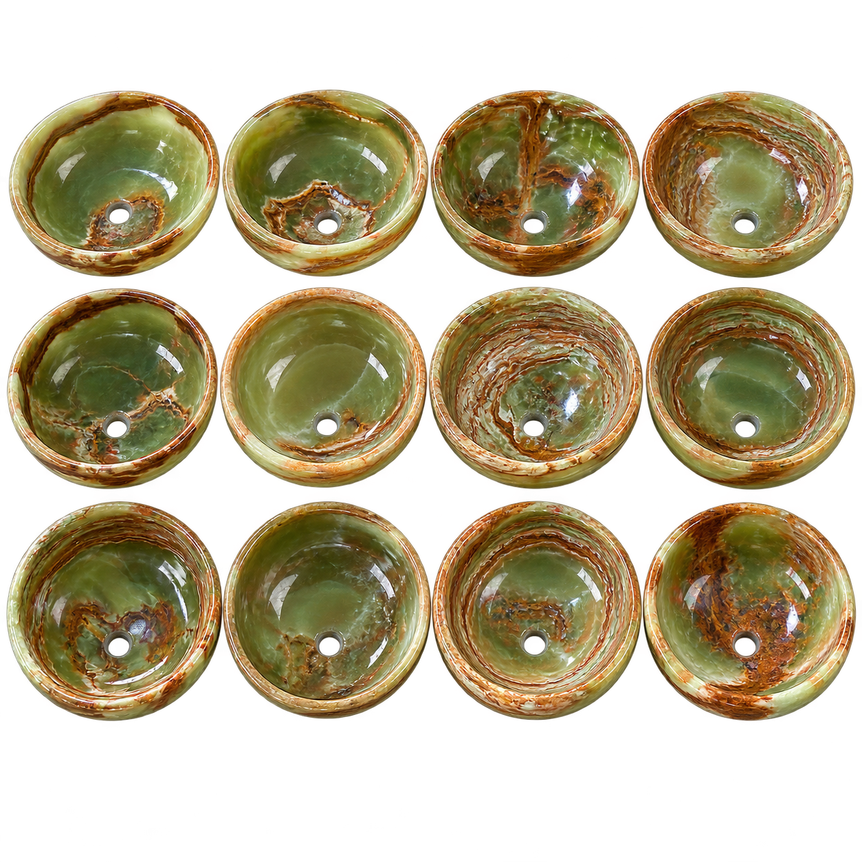 Catalog grid of twelve green onyx vessel sinks