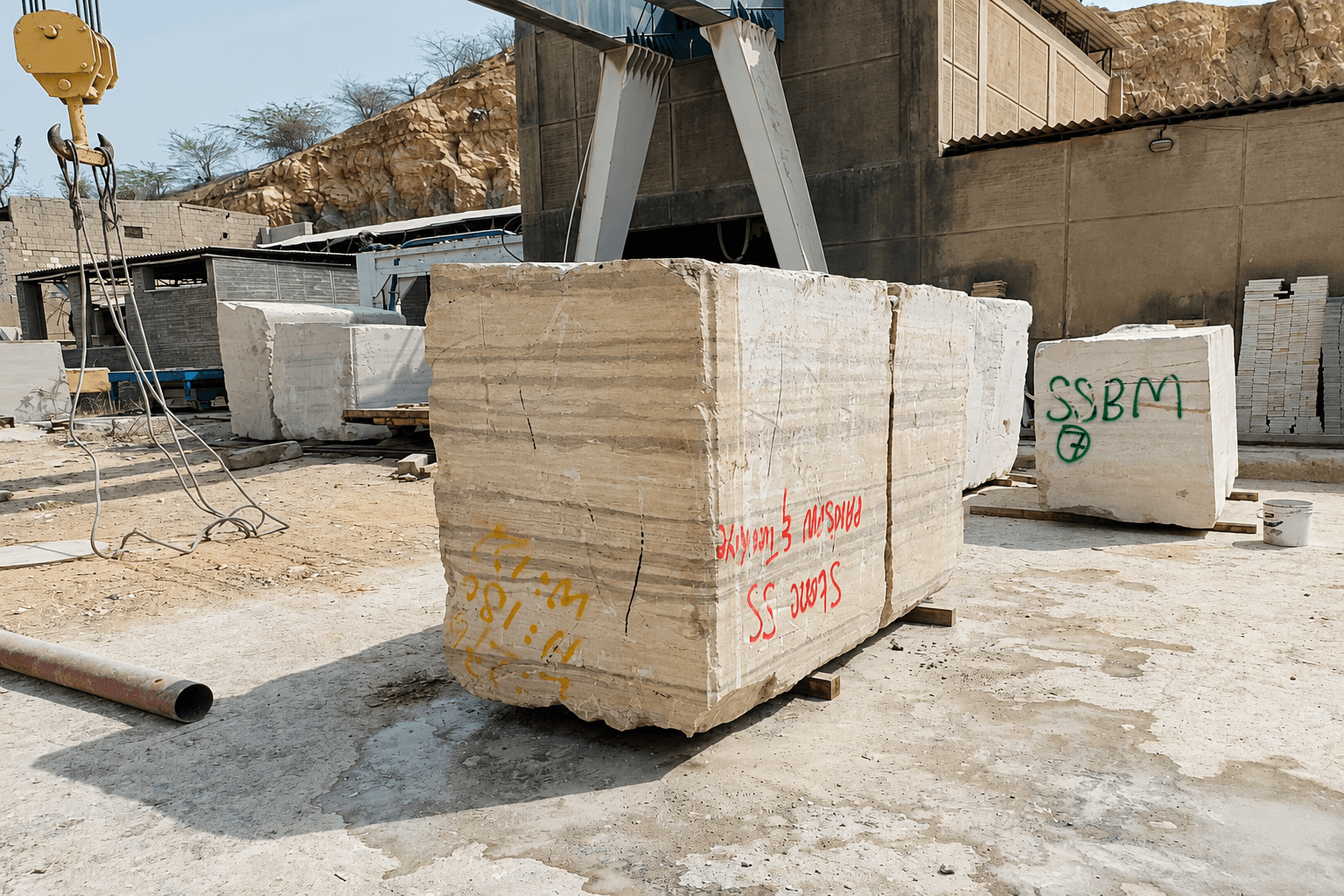 Raw travertine block suspended from a crane hook, marked with quarry identification tags