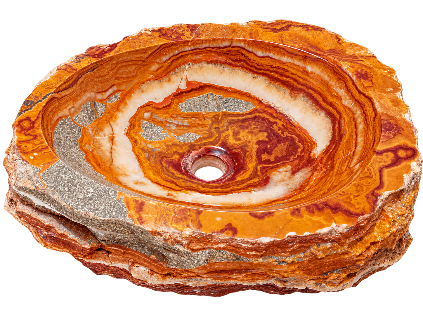 Hand-carved oval onyx vessel sink with vivid orange and red mineral banding