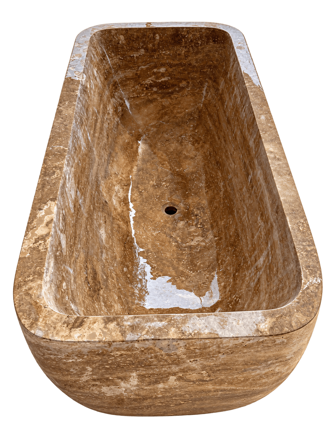 Hand-finished freestanding travertine bathtub with a rough-hewn exterior and polished interior basin