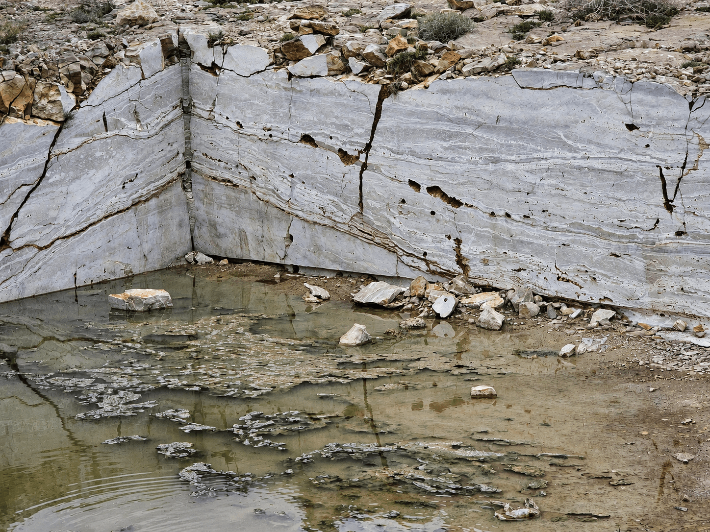 Quarry wall meeting a still reflective pool, banded travertine strata visible above the waterline